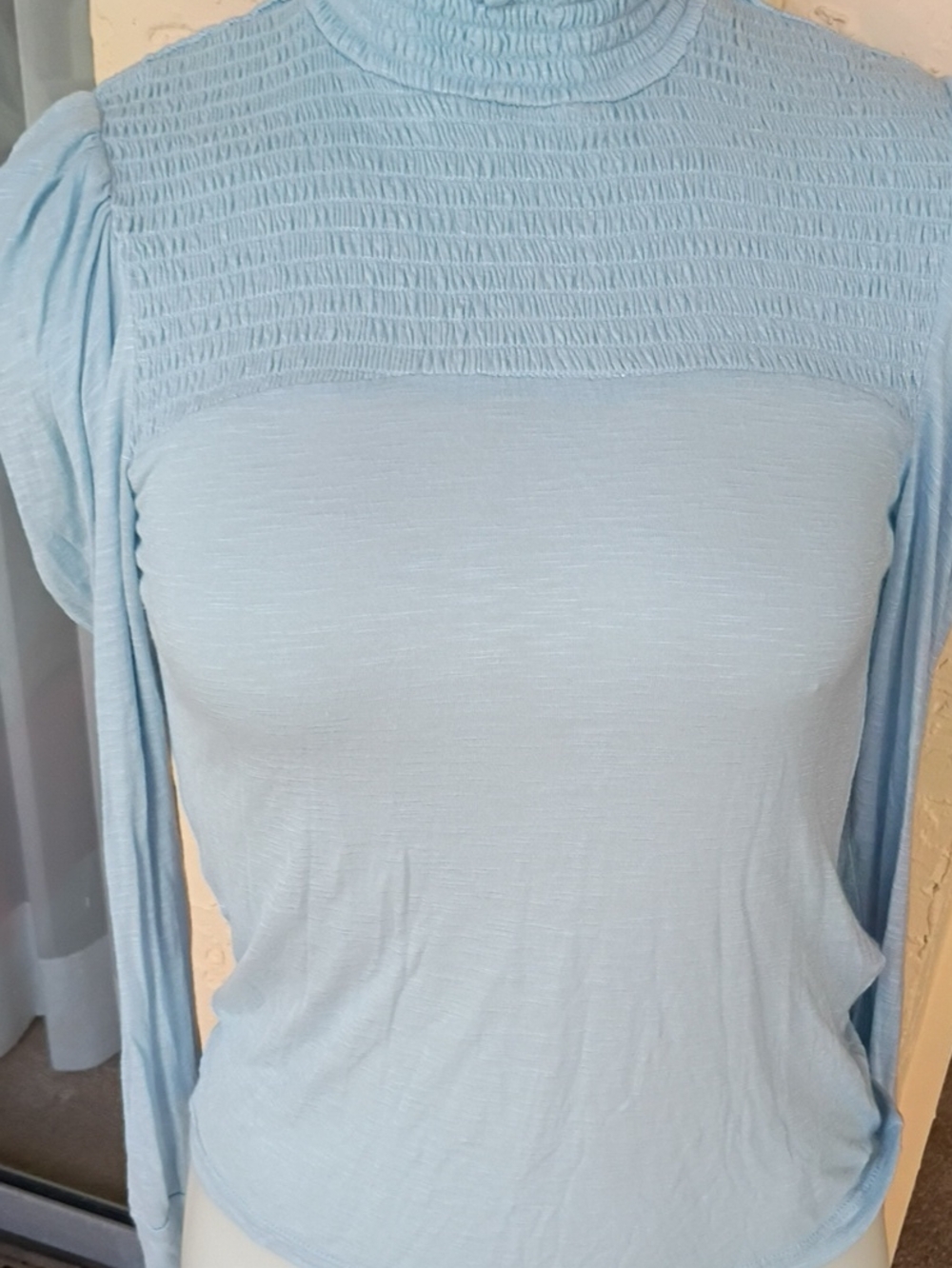 7 For All Mankind Light Blue Smocked Yoke Long Sleeve Top
